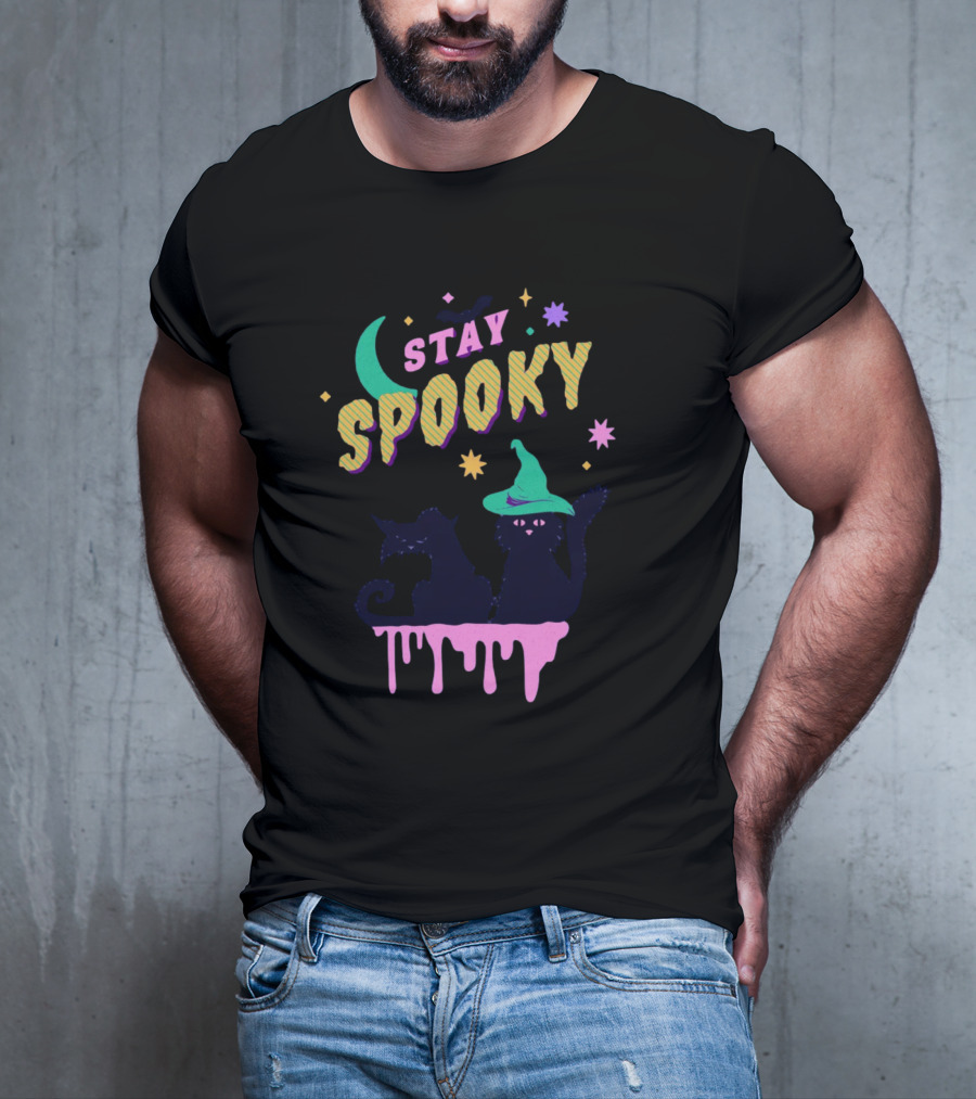 Stay Spooky Halloween Cats Moon Witch Hat Dripping Stars T-Shirt