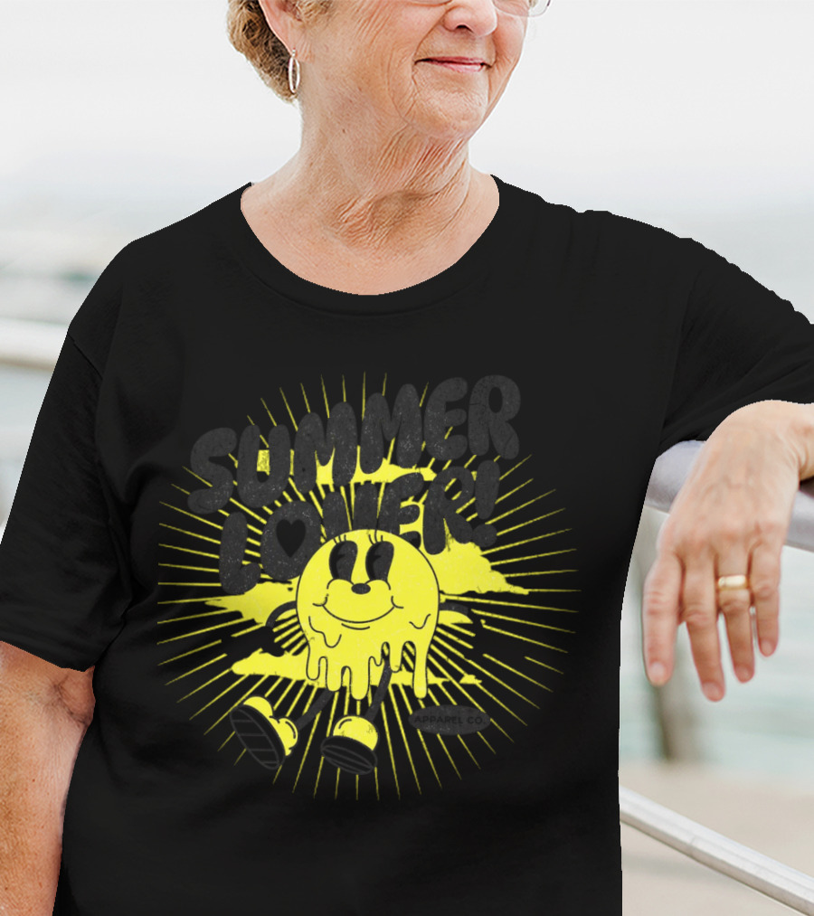 Summer Lover Cartoon Melting Smiley With Radiant Sunburst Background T-Shirt