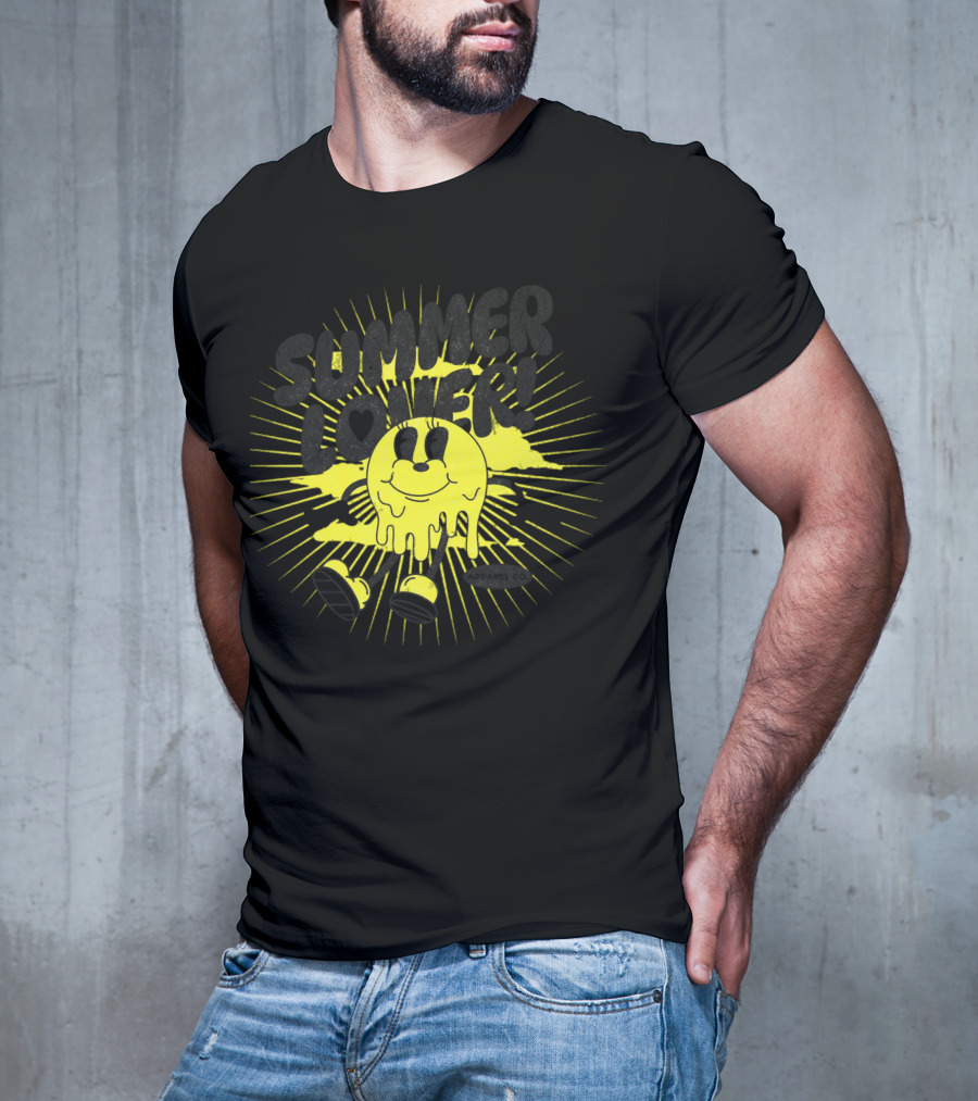 Summer Lover Cartoon Melting Smiley With Radiant Sunburst Background T-Shirt