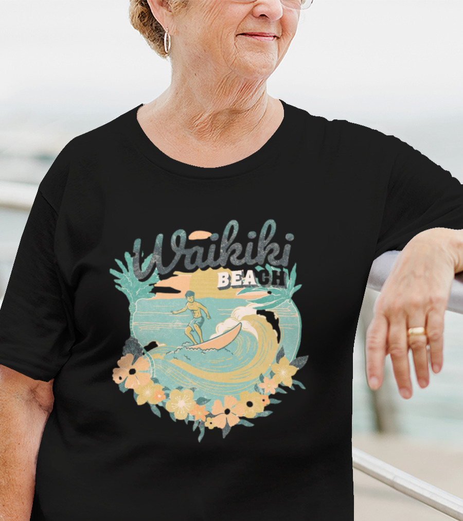Waikiki Beach Vintage Surfing Adventure Floral T-Shirt