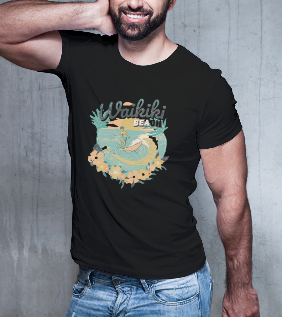 Waikiki Beach Vintage Surfing Adventure Floral T-Shirt
