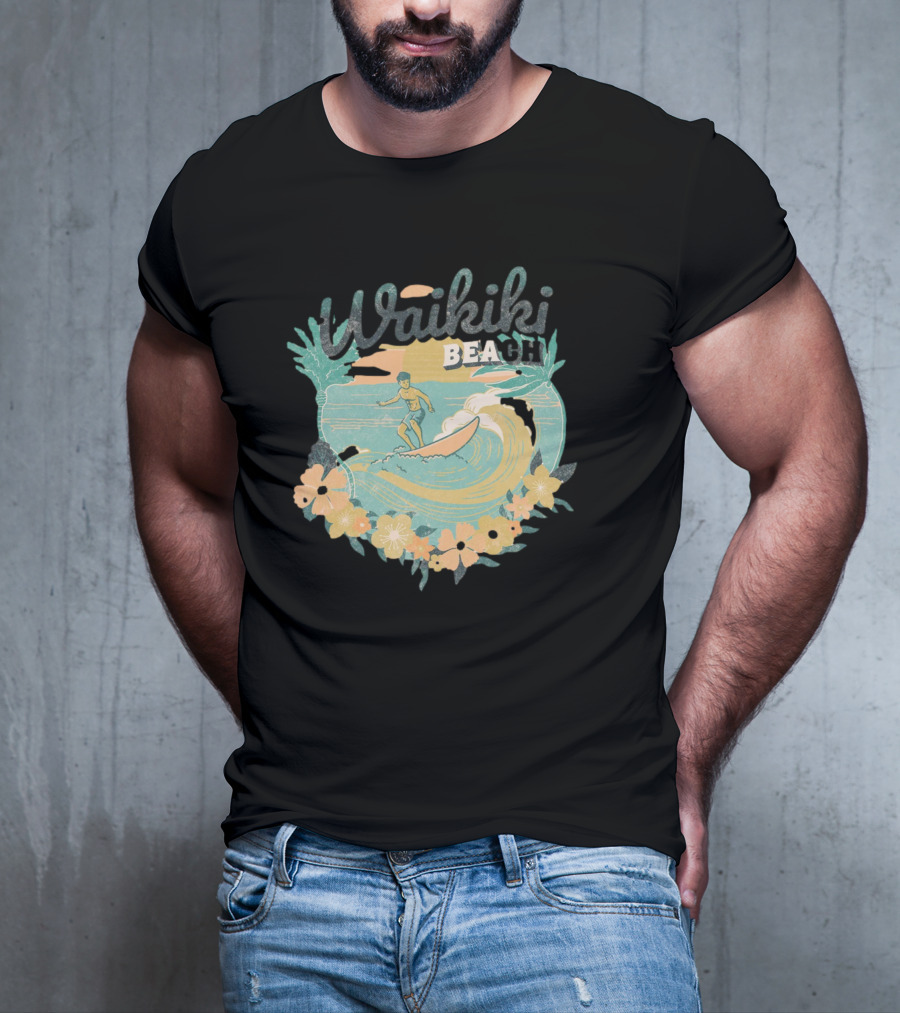 Waikiki Beach Vintage Surfing Adventure Floral T-Shirt