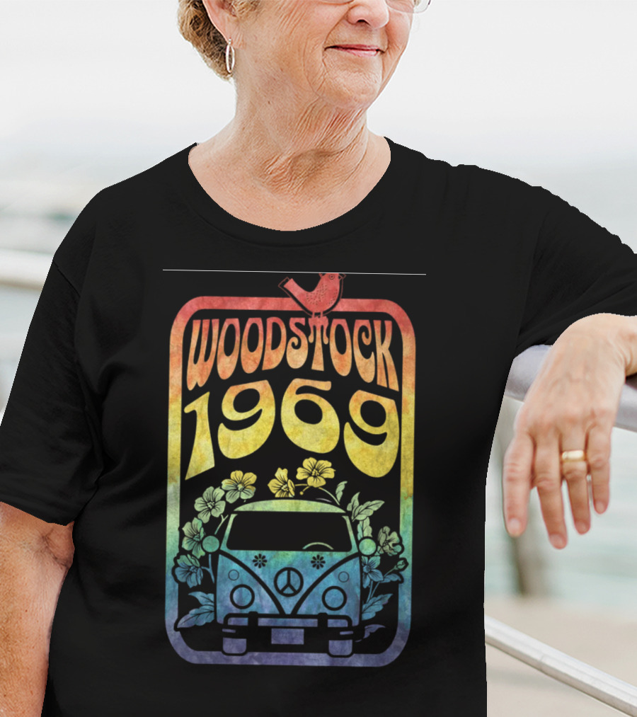 Woodstock 1969 Colorful Campervan Peace Symbol With Flowers T-Shirt