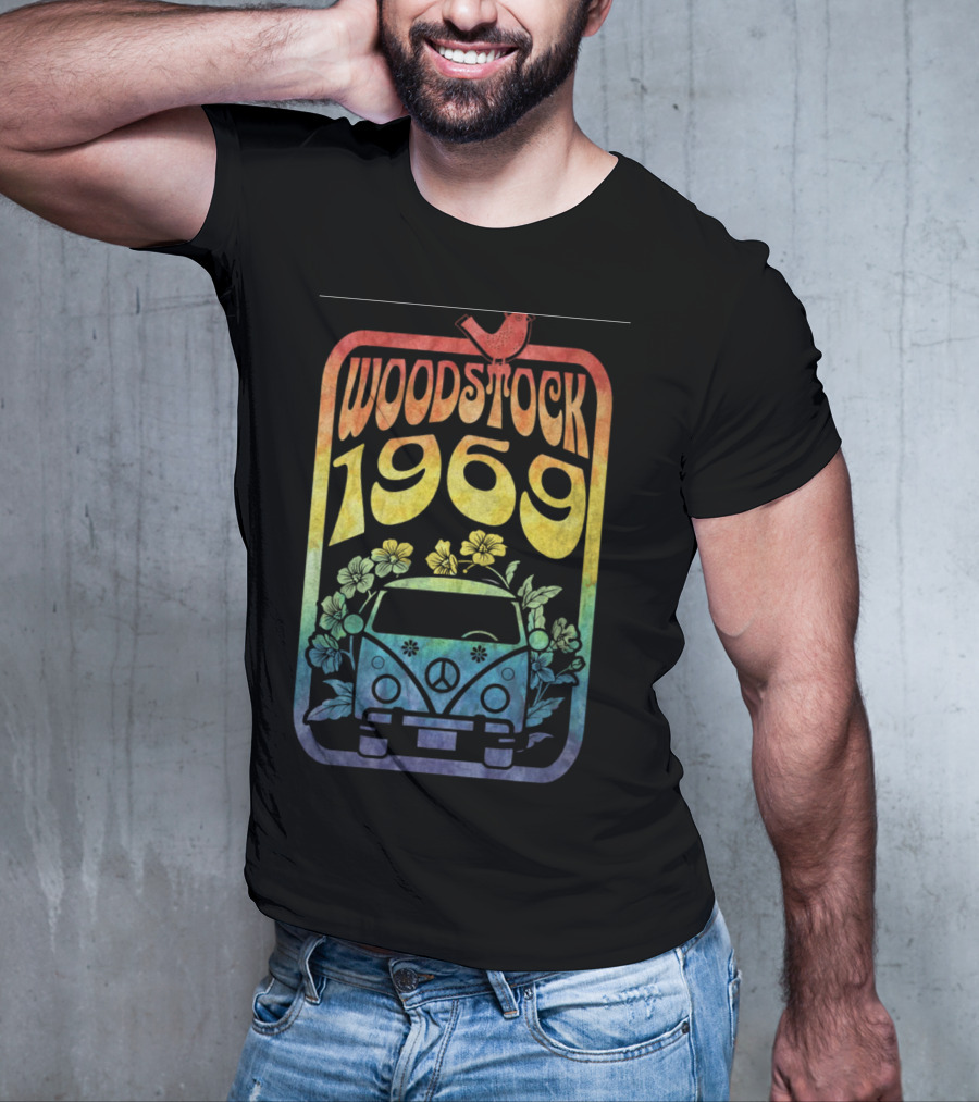 Woodstock 1969 Colorful Campervan Peace Symbol With Flowers T-Shirt