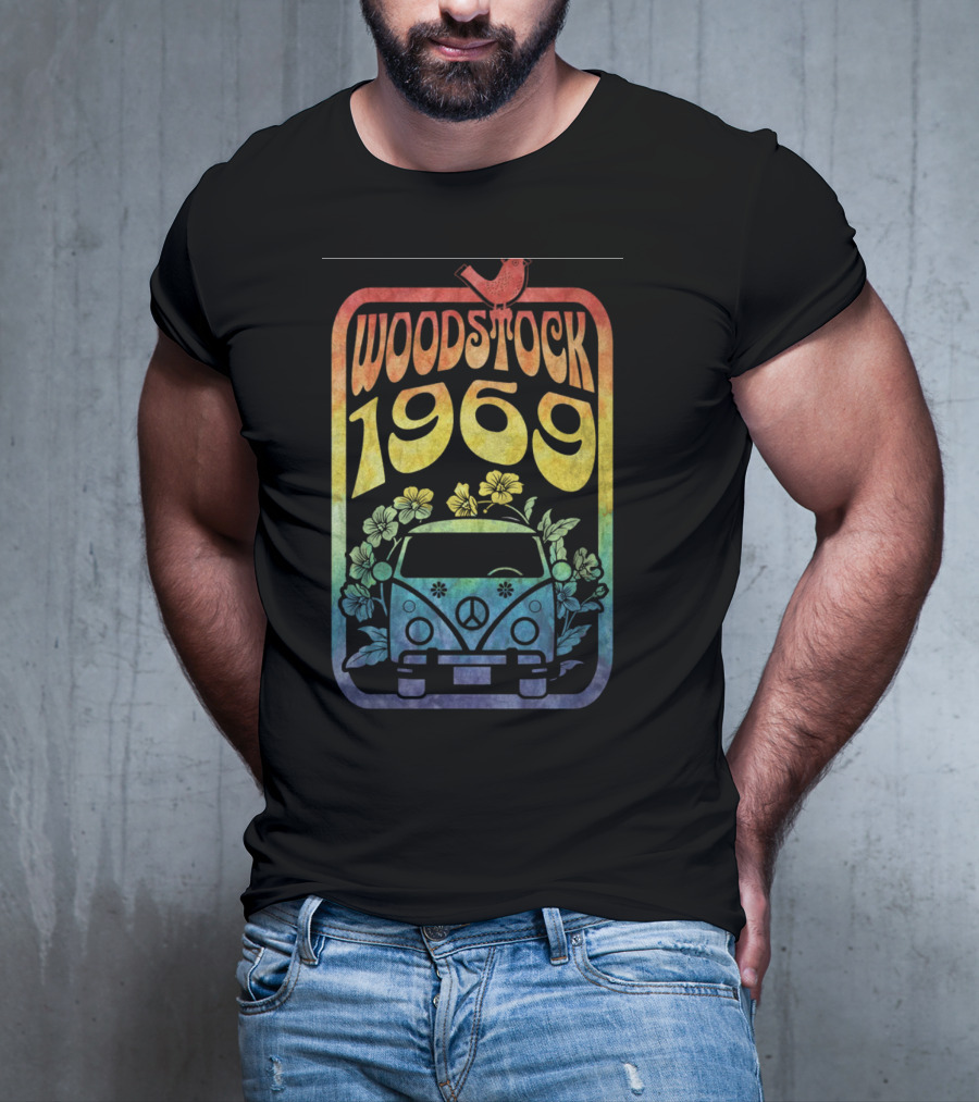 Woodstock 1969 Colorful Campervan Peace Symbol With Flowers T-Shirt