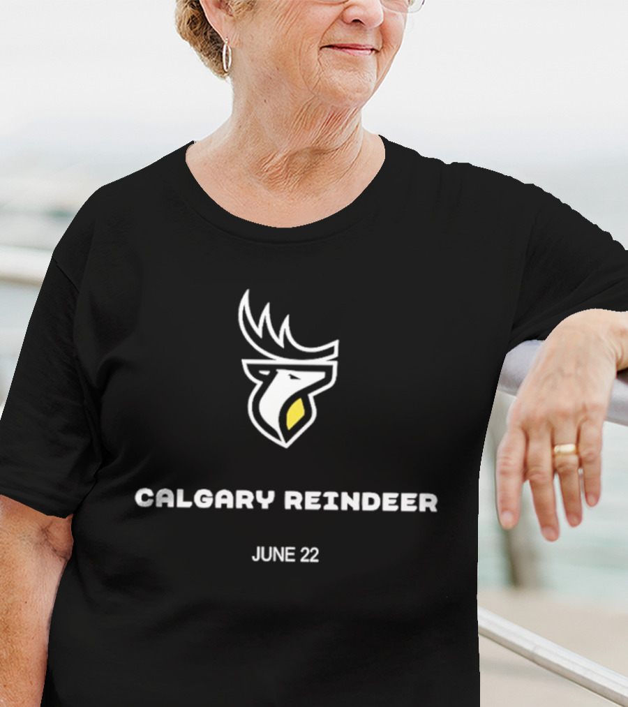 Calgary Reindeer June 22 Logo White Antlered Emblem T-Shirt