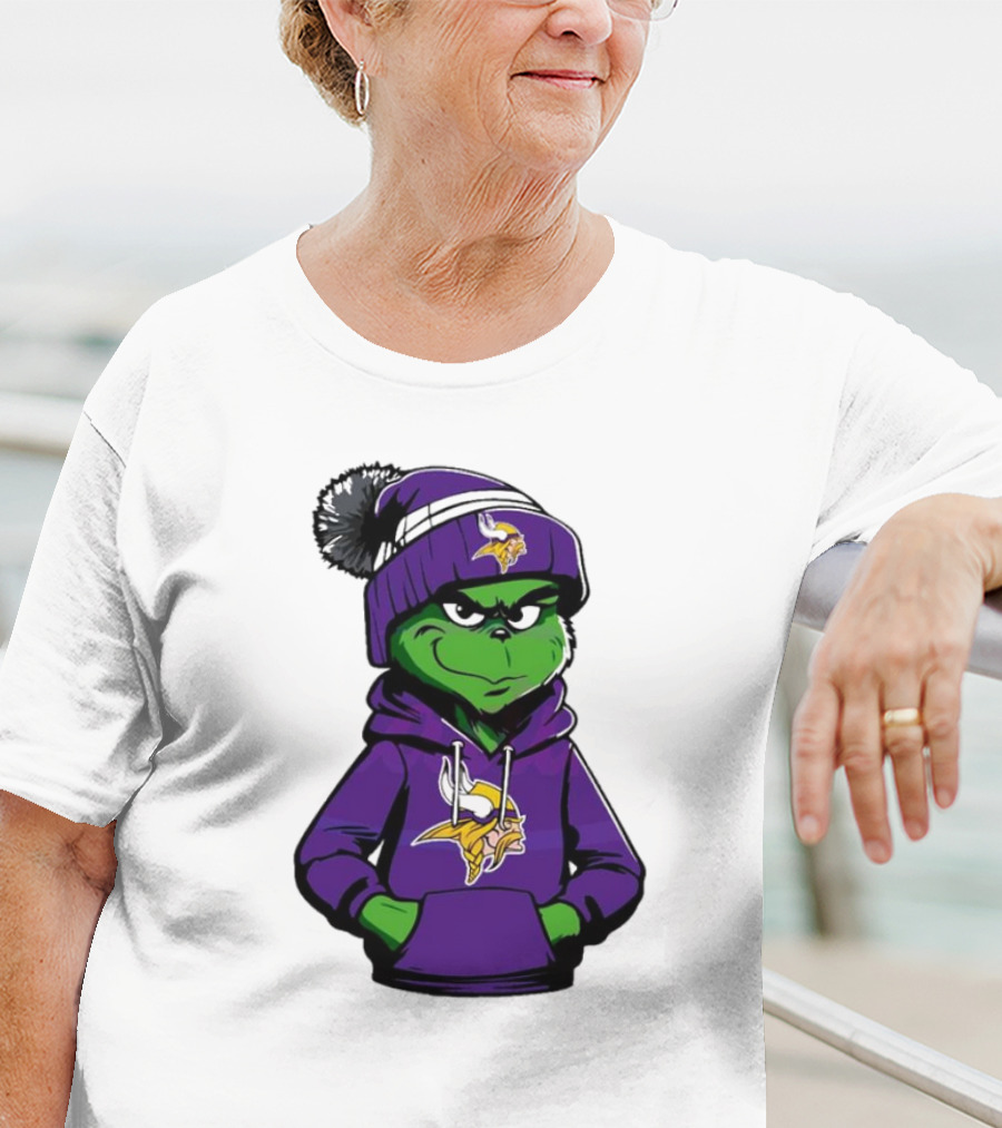 Grinch In Minnesota Vikings Hoodie And Hat With Team T-Shirt