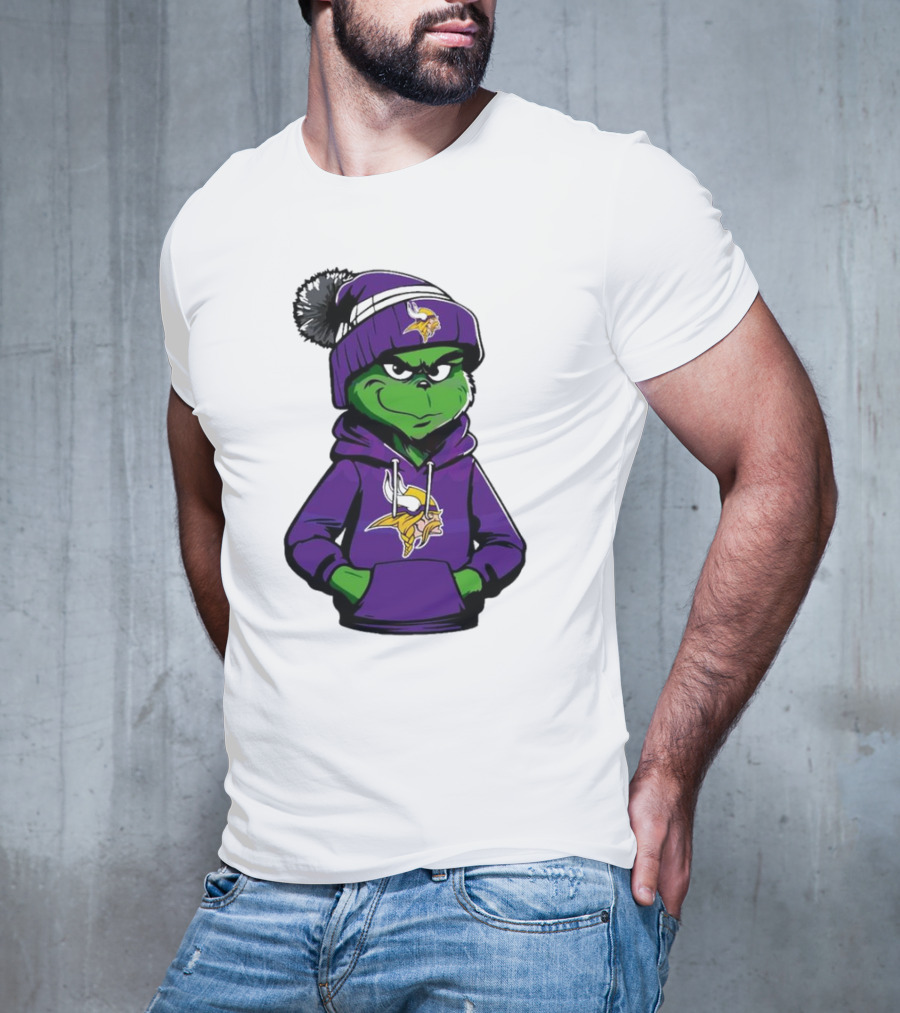 Grinch In Minnesota Vikings Hoodie And Hat With Team T-Shirt