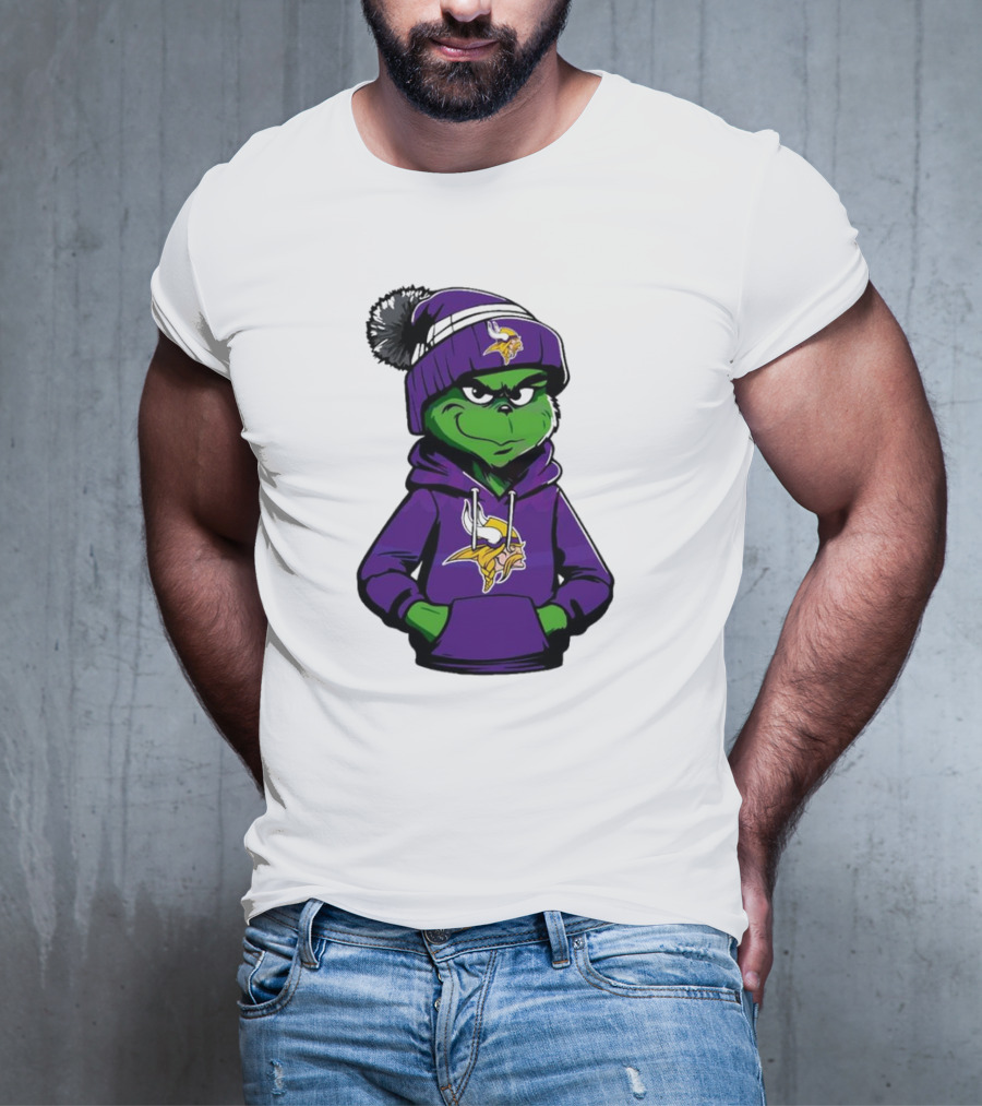 Grinch In Minnesota Vikings Hoodie And Hat With Team T-Shirt