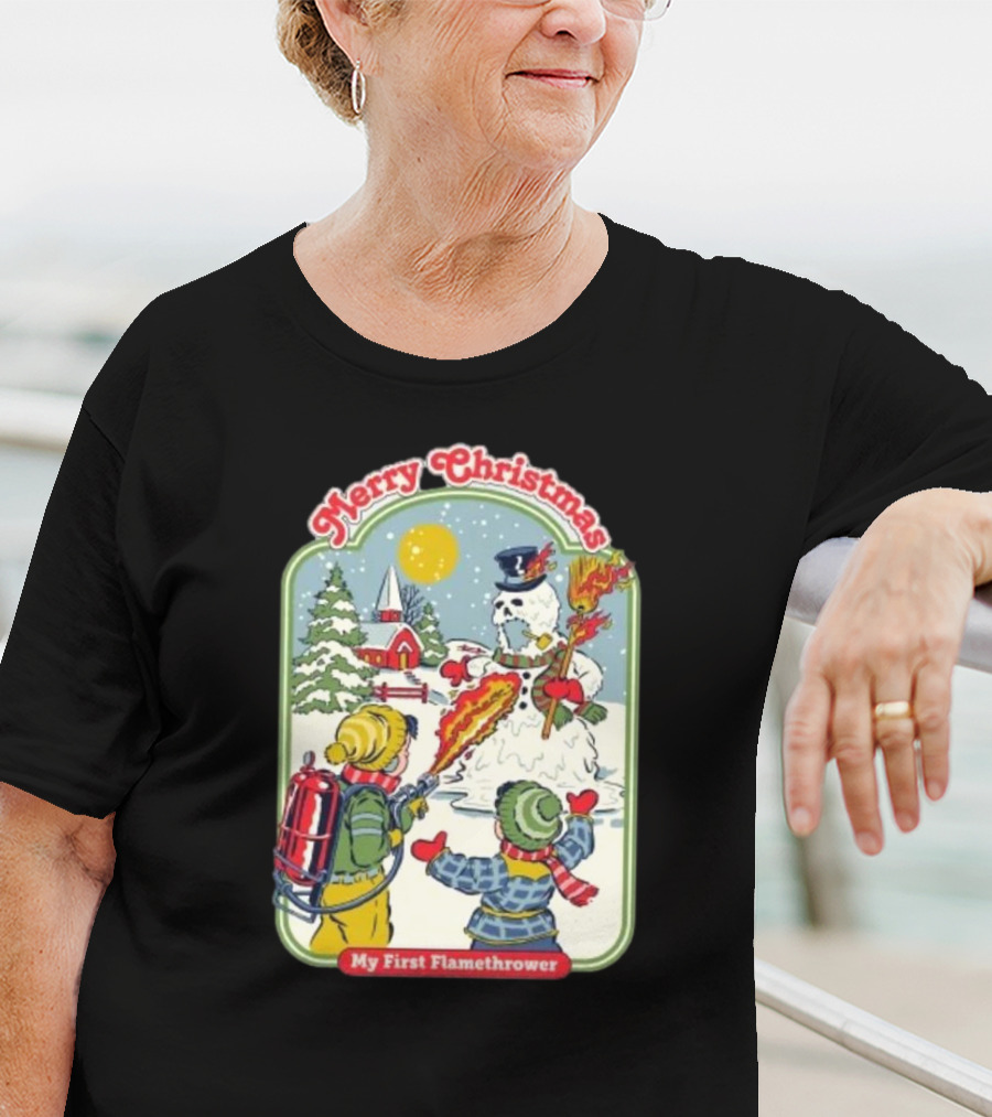 Merry Christmas My First Flamethrower Vintage Snowman Scene T-Shirt