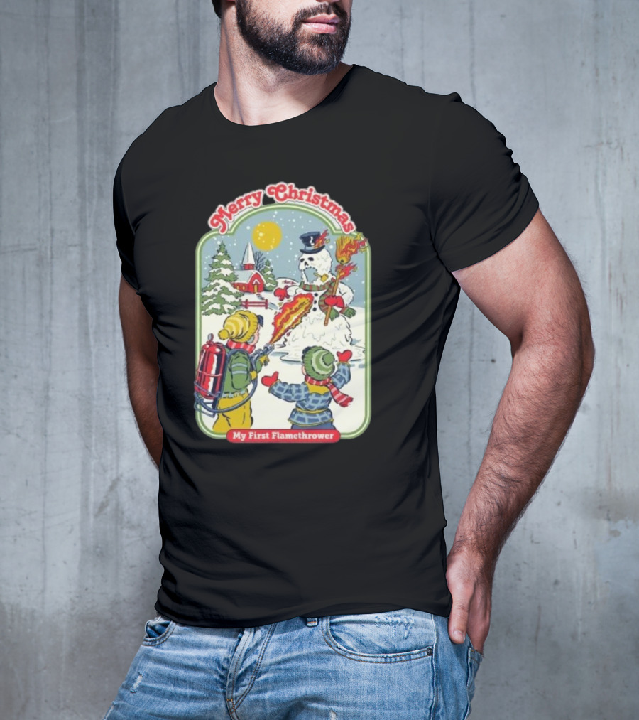 Merry Christmas My First Flamethrower Vintage Snowman Scene T-Shirt