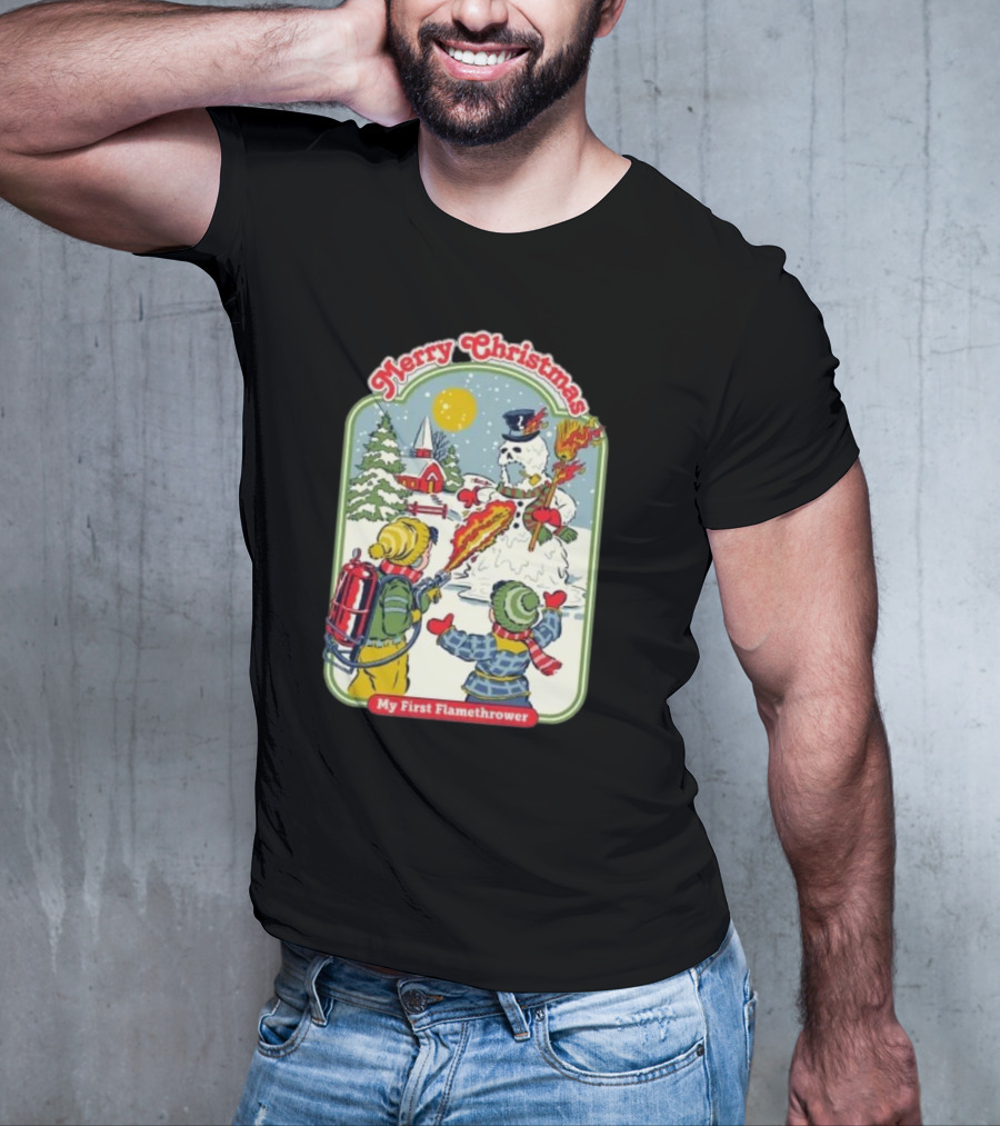 Merry Christmas My First Flamethrower Vintage Snowman Scene T-Shirt
