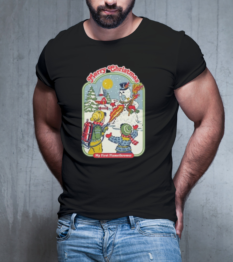 Merry Christmas My First Flamethrower Vintage Snowman Scene T-Shirt