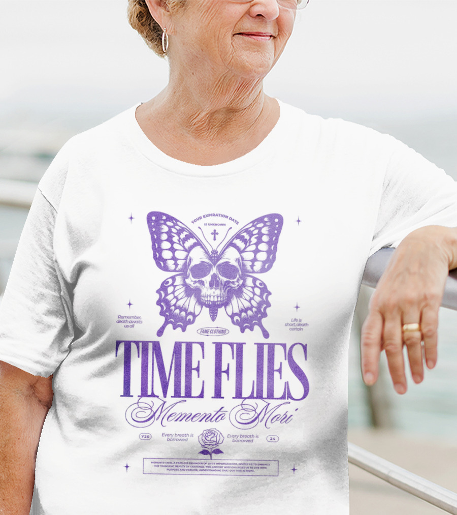TIME FLIES Memento Mori Butterfly Skull T-Shirt