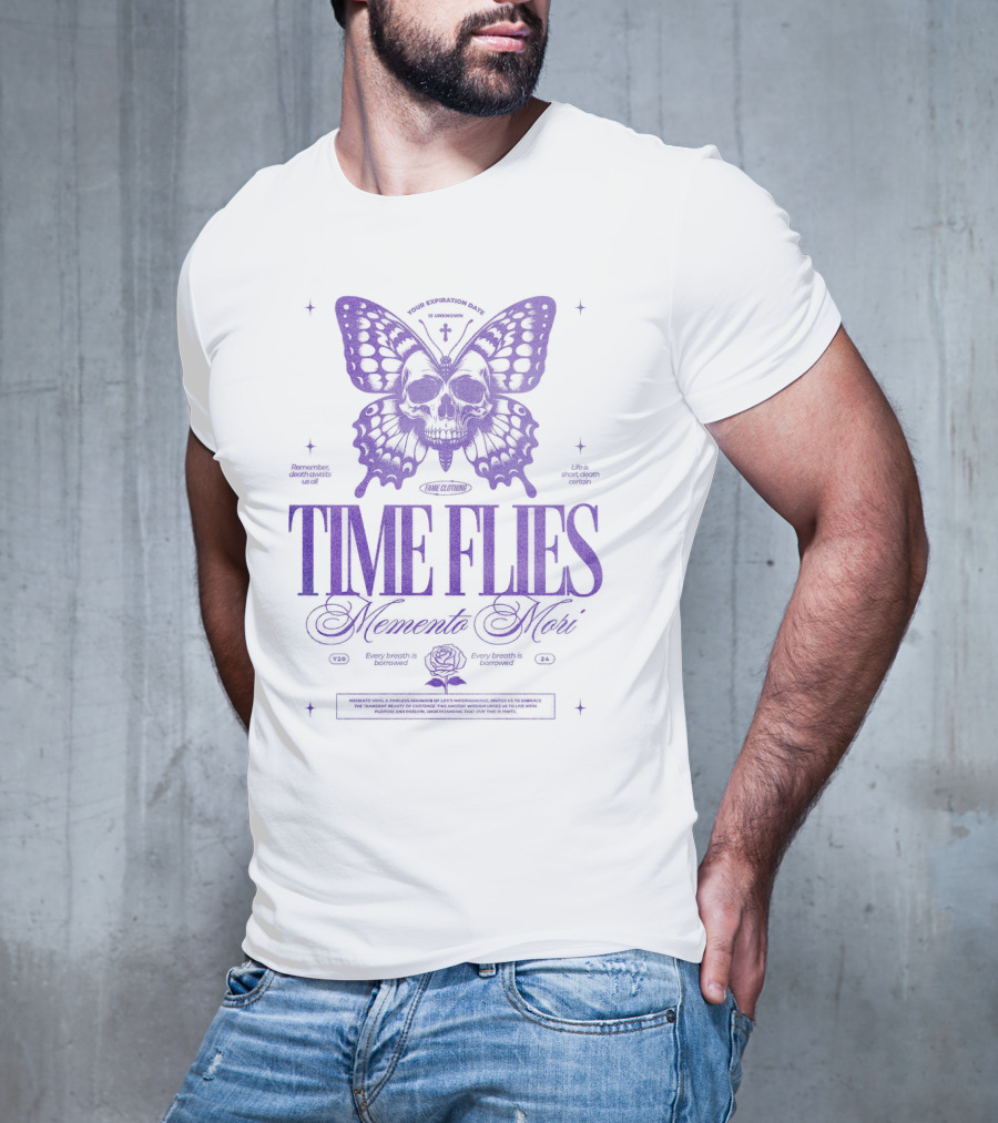 TIME FLIES Memento Mori Butterfly Skull T-Shirt