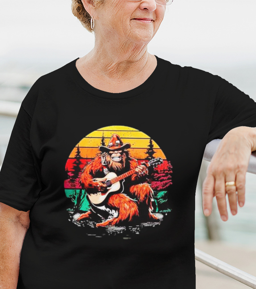 Bigfoot Playing Guitar Retro Sunset Forest Vintage Styles T-Shirt