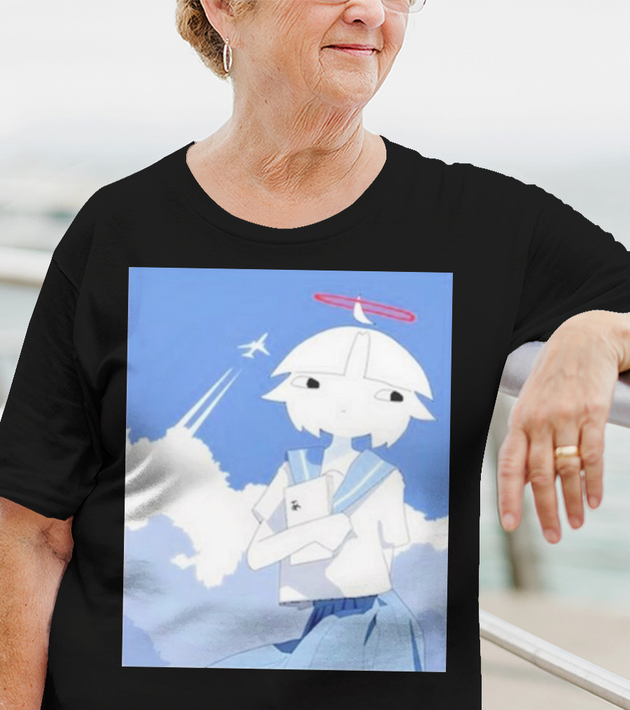 Chew’s District Clowdy Angelic Character Holding Notebook In Blue Sky With Airplane T-Shirt