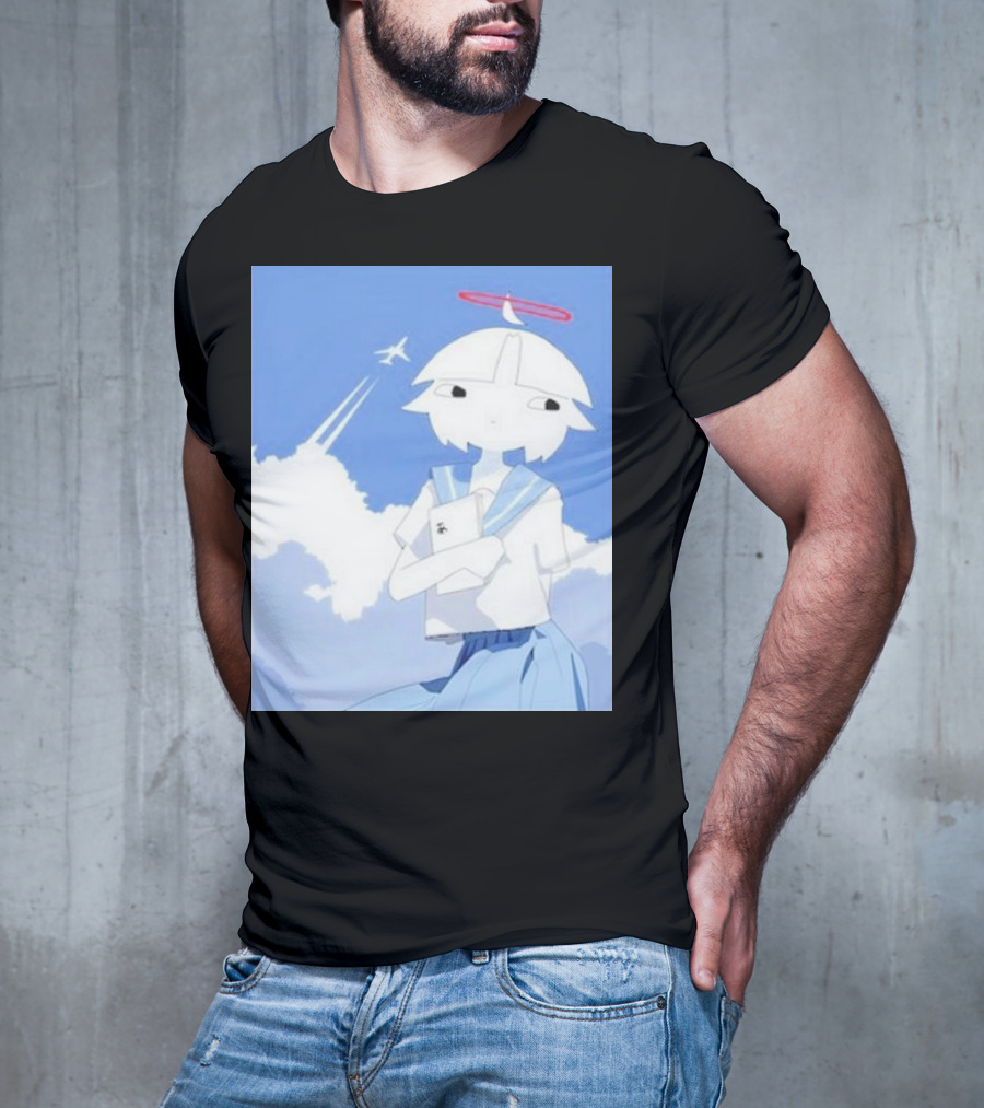 Chew’s District Clowdy Angelic Character Holding Notebook In Blue Sky With Airplane T-Shirt