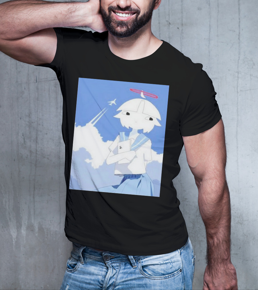 Chew’s District Clowdy Angelic Character Holding Notebook In Blue Sky With Airplane T-Shirt