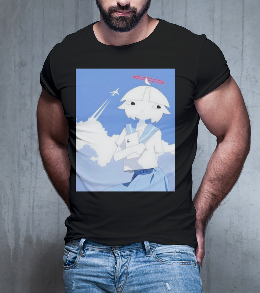 Chew’s District Clowdy Angelic Character Holding Notebook In Blue Sky With Airplane T-Shirt
