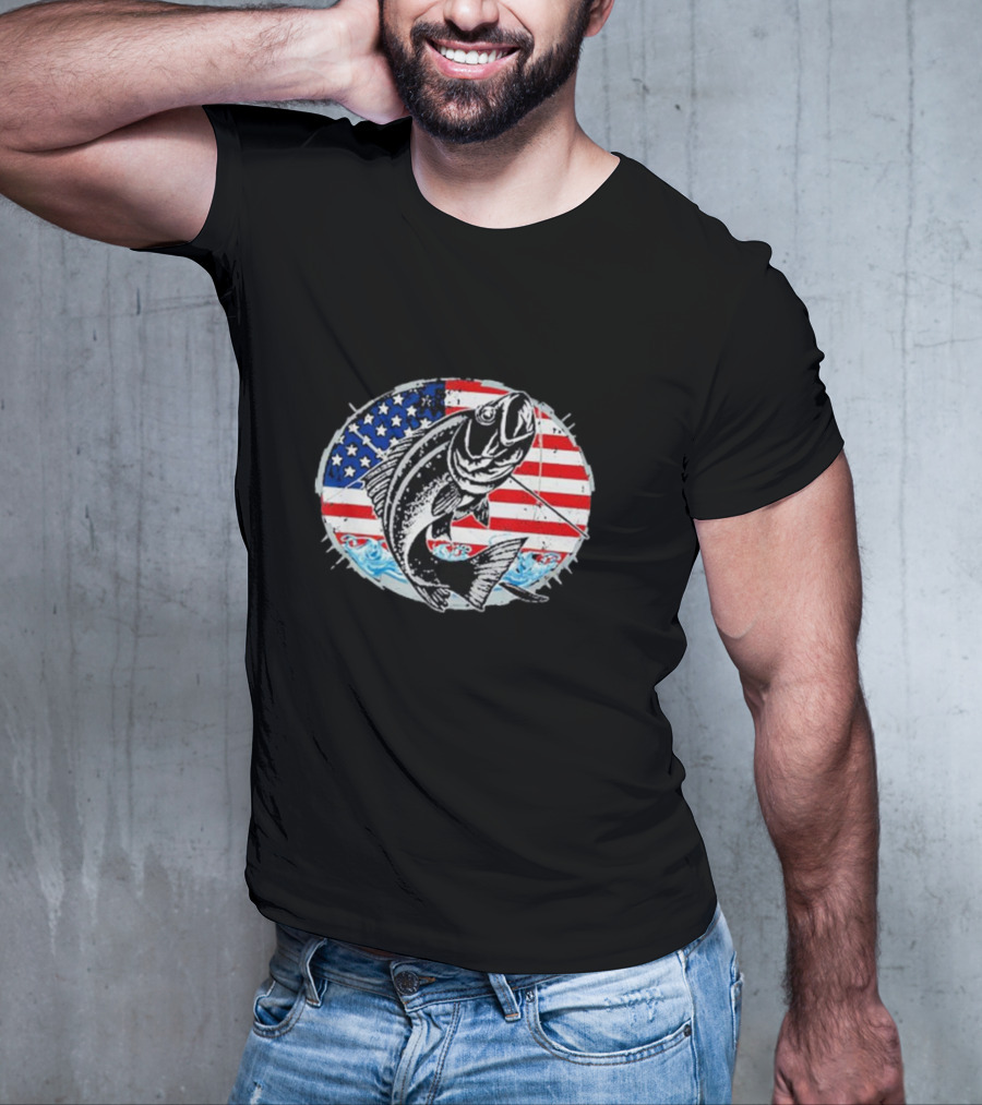 Fishing Lovers American Flag Bass Catch Waves Patriotic T-Shirt