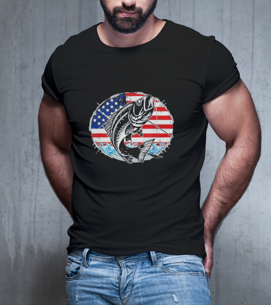 Fishing Lovers American Flag Bass Catch Waves Patriotic T-Shirt