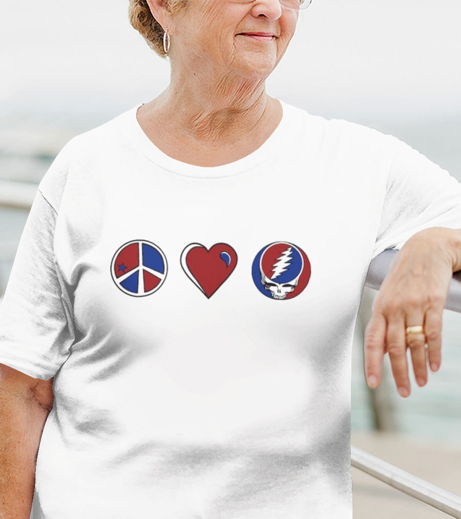 Love Peace Grateful Dead Skull Red And Blue Icons T-Shirt