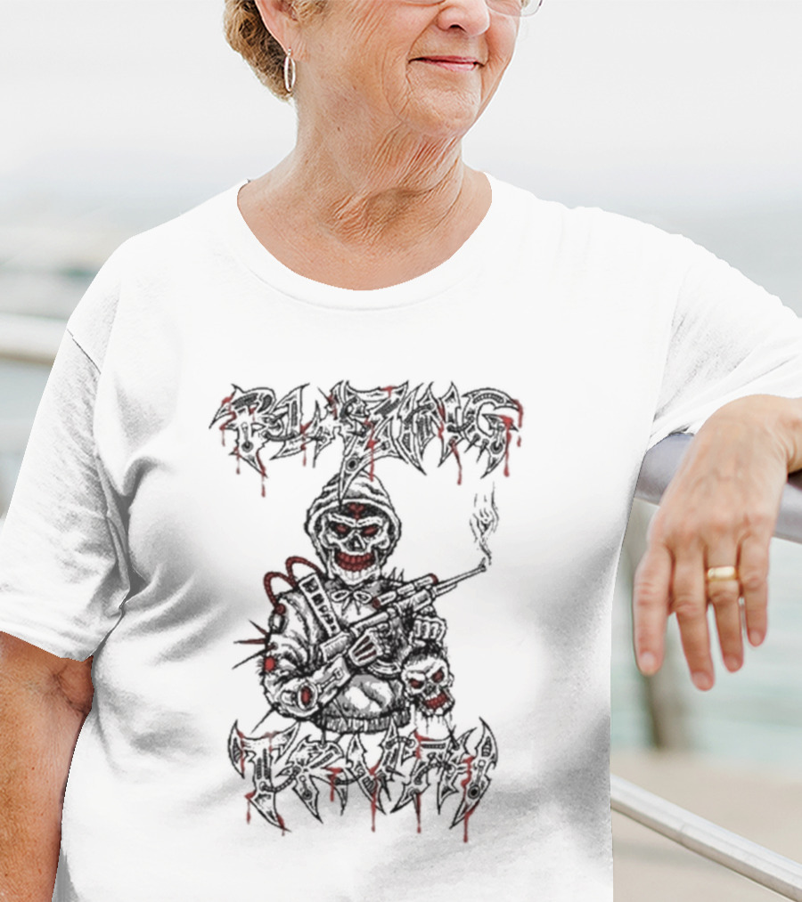 Blazing Truth Horror Skull Soldier With Rifle And Dripping Red Accents T-Shirt