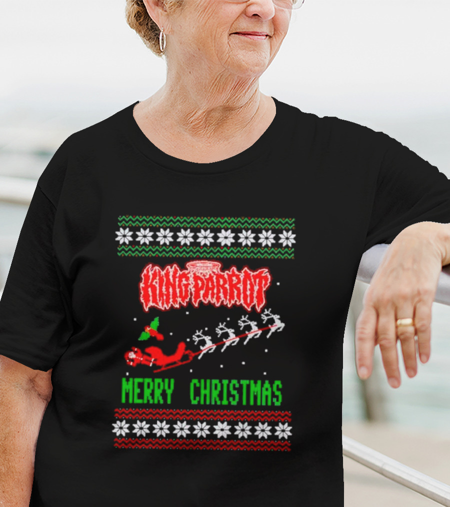 King Parrot Merry Christmas Ugly Sweater Rudolf Reindeer Sleigh Snowflakes T-Shirt