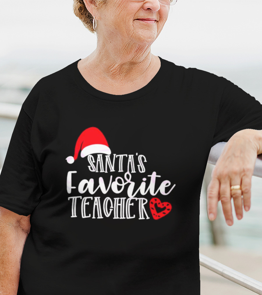 Santa's Favorite Teacher Christmas Red Heart Santa Hat T-Shirt