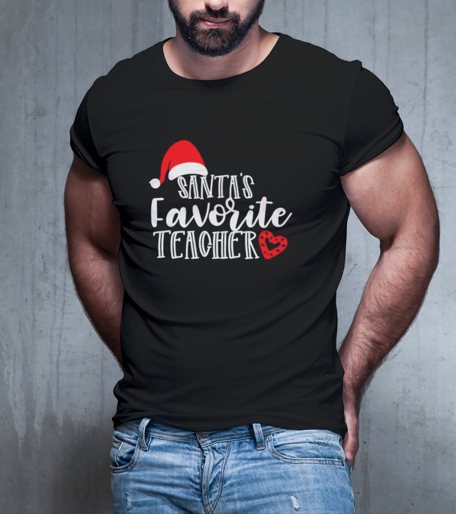 Santa's Favorite Teacher Christmas Red Heart Santa Hat T-Shirt