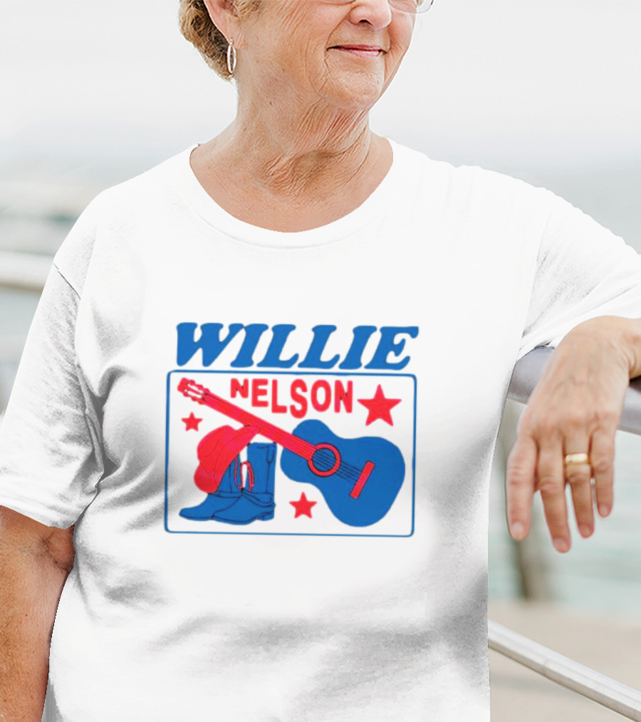 WILLIE NELSON Guitar Cowboy Boots Hat Stars T-Shirt