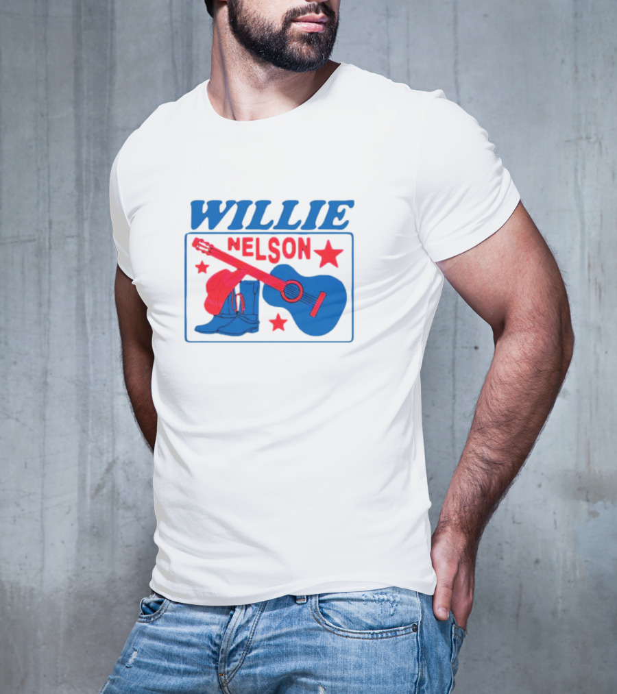 WILLIE NELSON Guitar Cowboy Boots Hat Stars T-Shirt