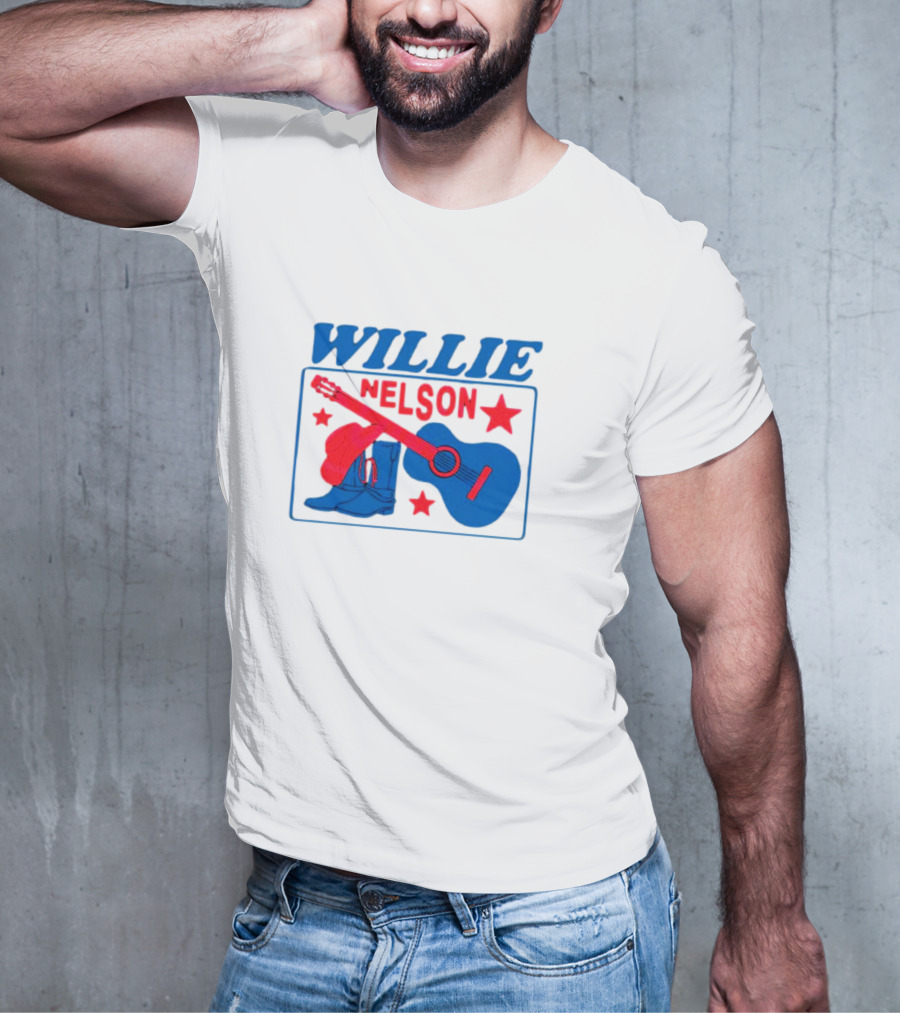 WILLIE NELSON Guitar Cowboy Boots Hat Stars T-Shirt