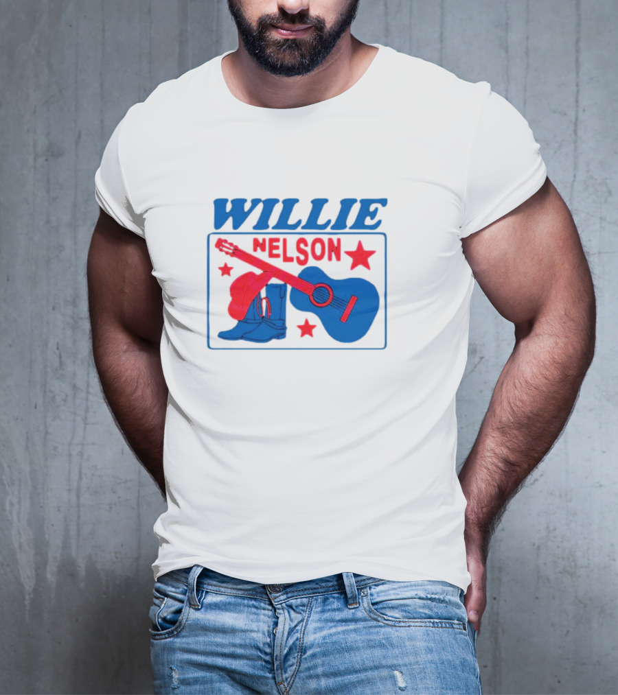 WILLIE NELSON Guitar Cowboy Boots Hat Stars T-Shirt