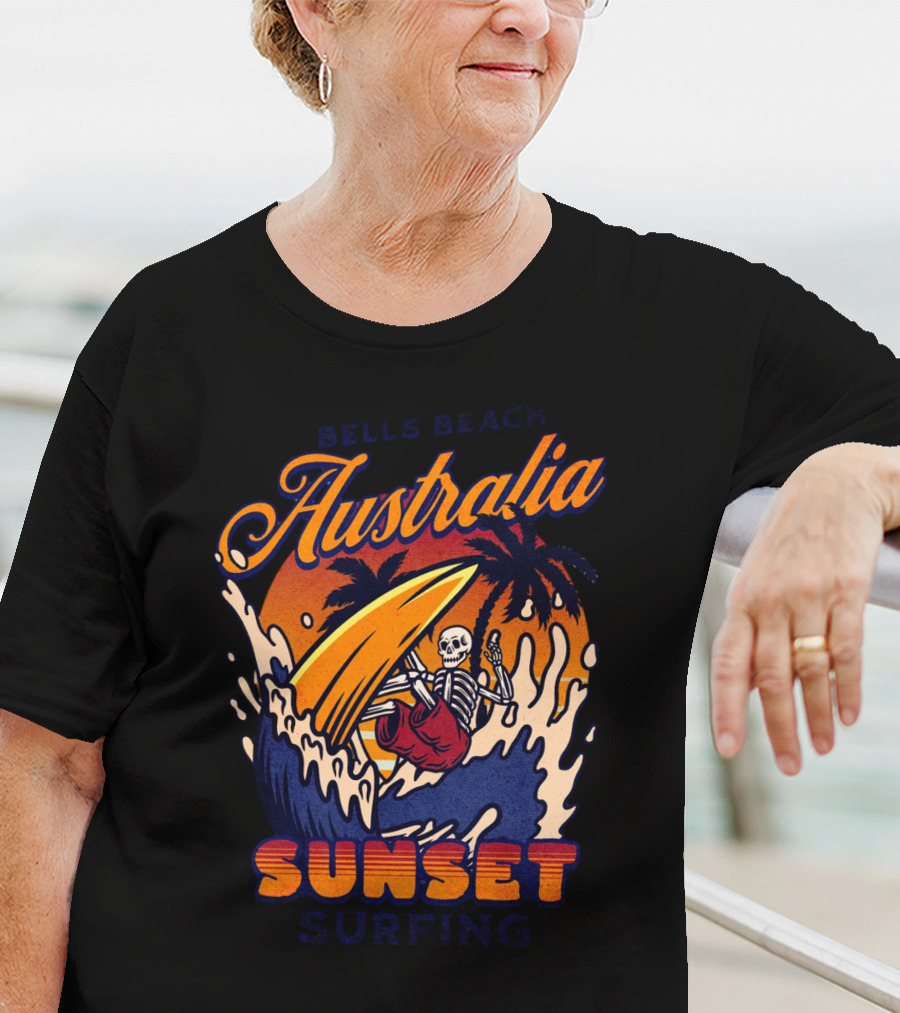 Bells Beach Australia Sunset Surfing Skeleton On Wave With Palm Trees T-Shirt