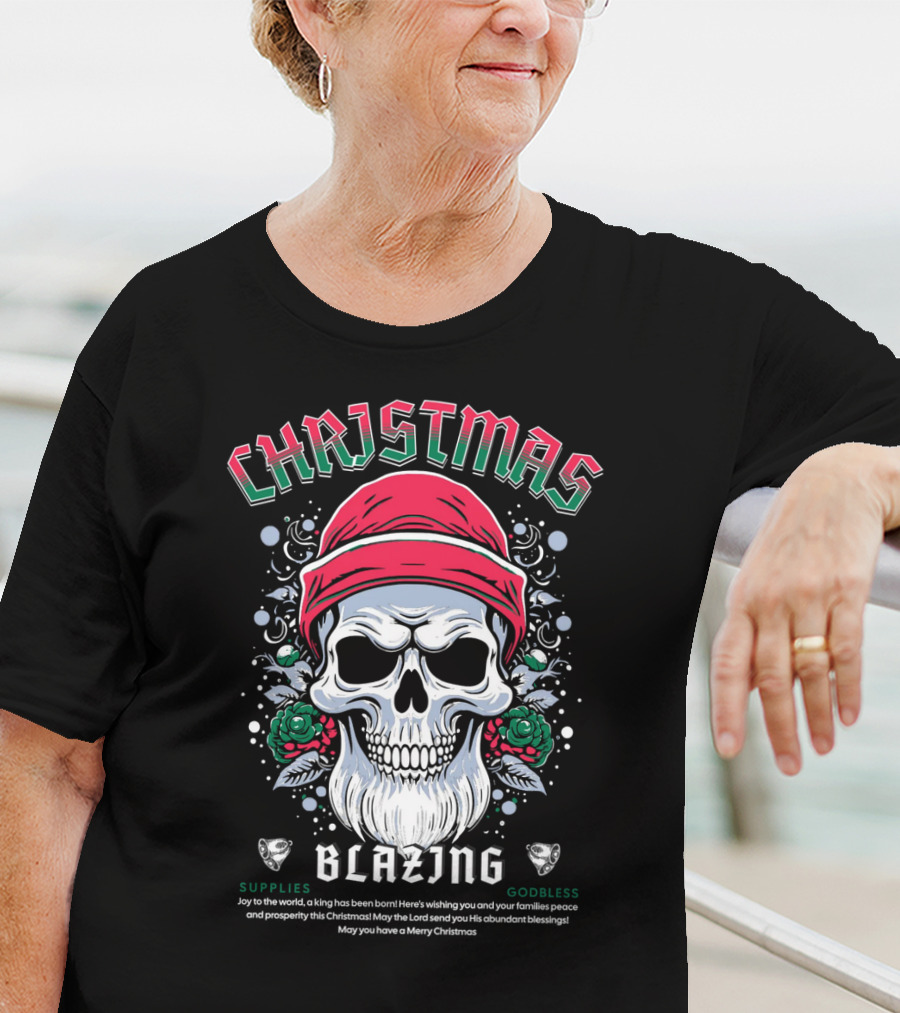 CHAJISMIS Blazing Skull Joy To The World Merry Christmas T-Shirt