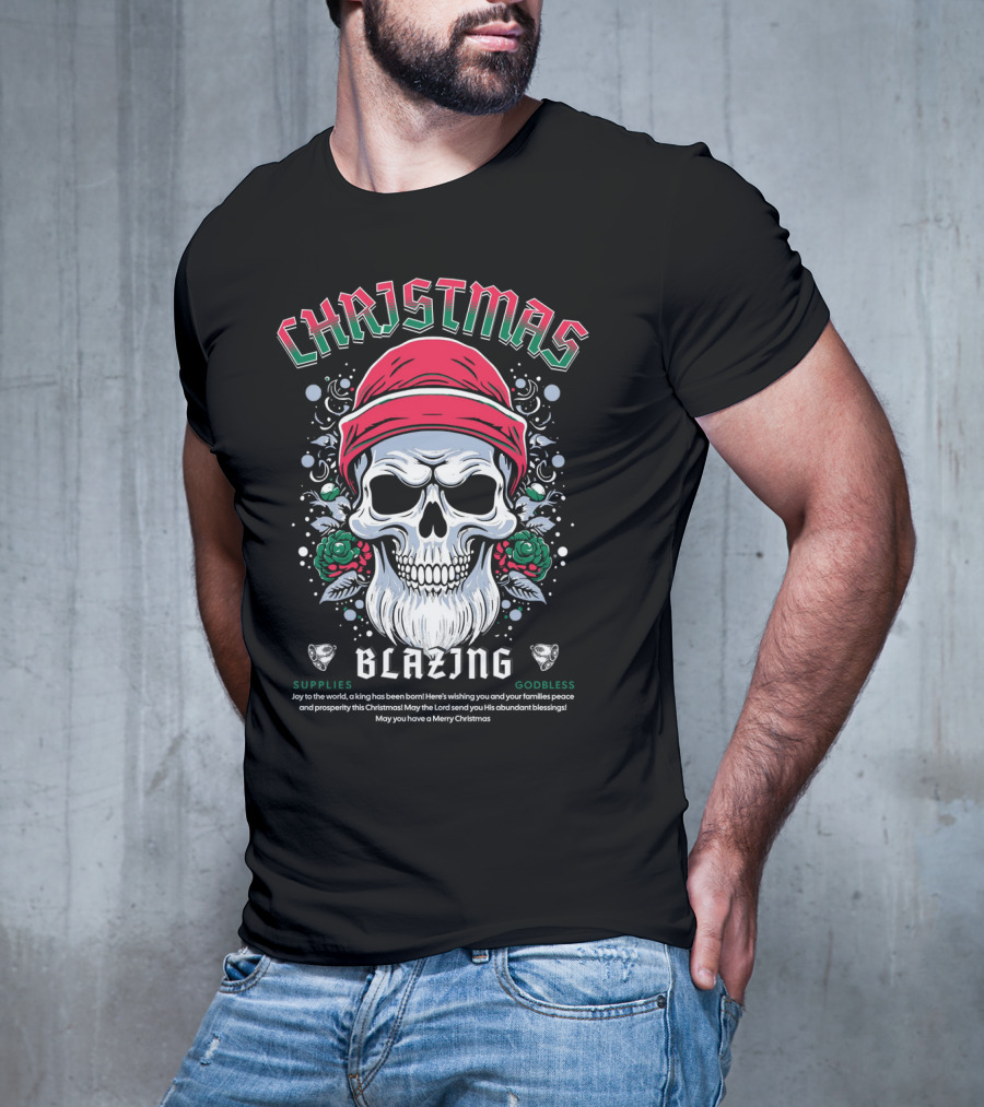 CHAJISMIS Blazing Skull Joy To The World Merry Christmas T-Shirt