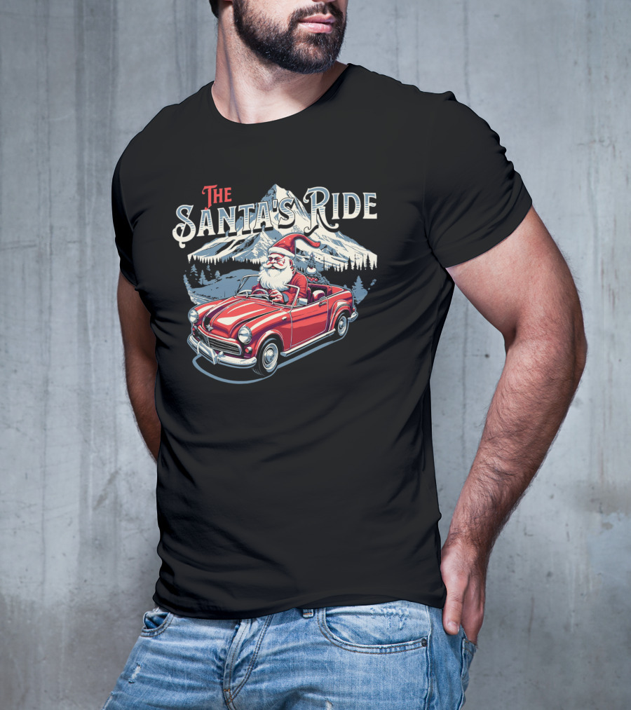 The Santa's Ride With Classic Red Convertible In Winter Mountain Scene T-Shirt