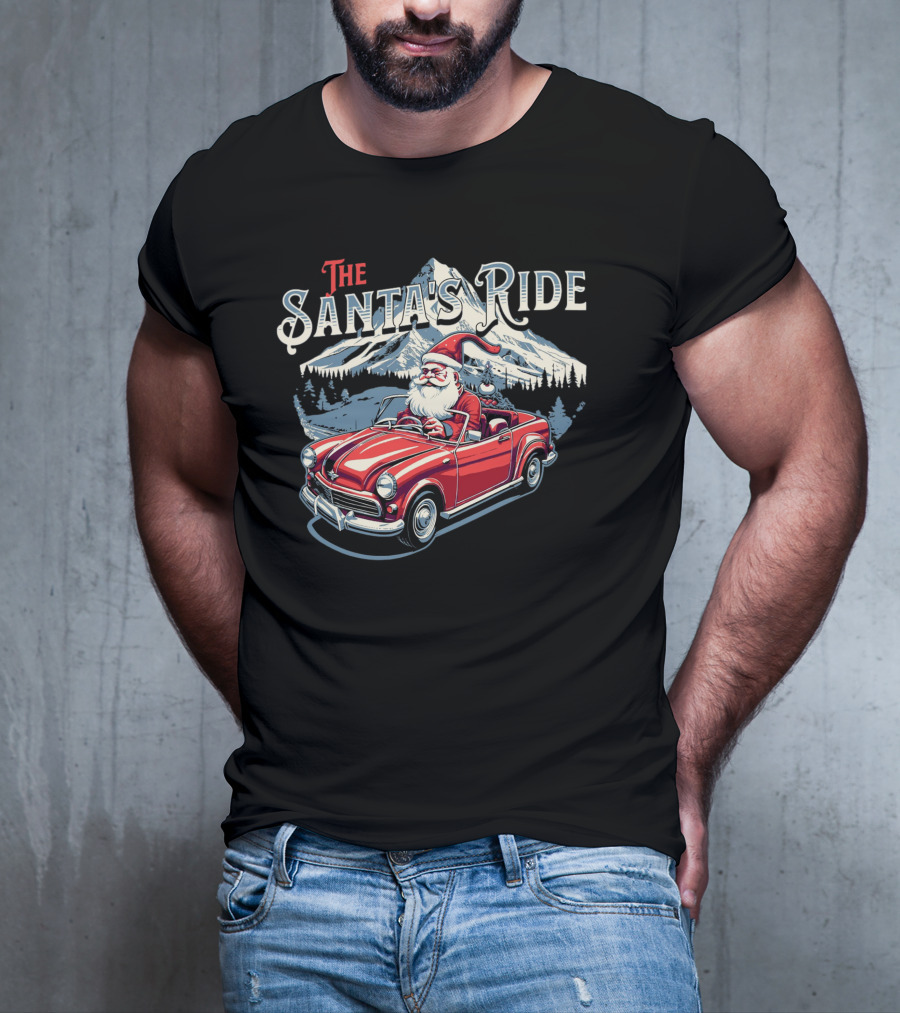 The Santa's Ride With Classic Red Convertible In Winter Mountain Scene T-Shirt