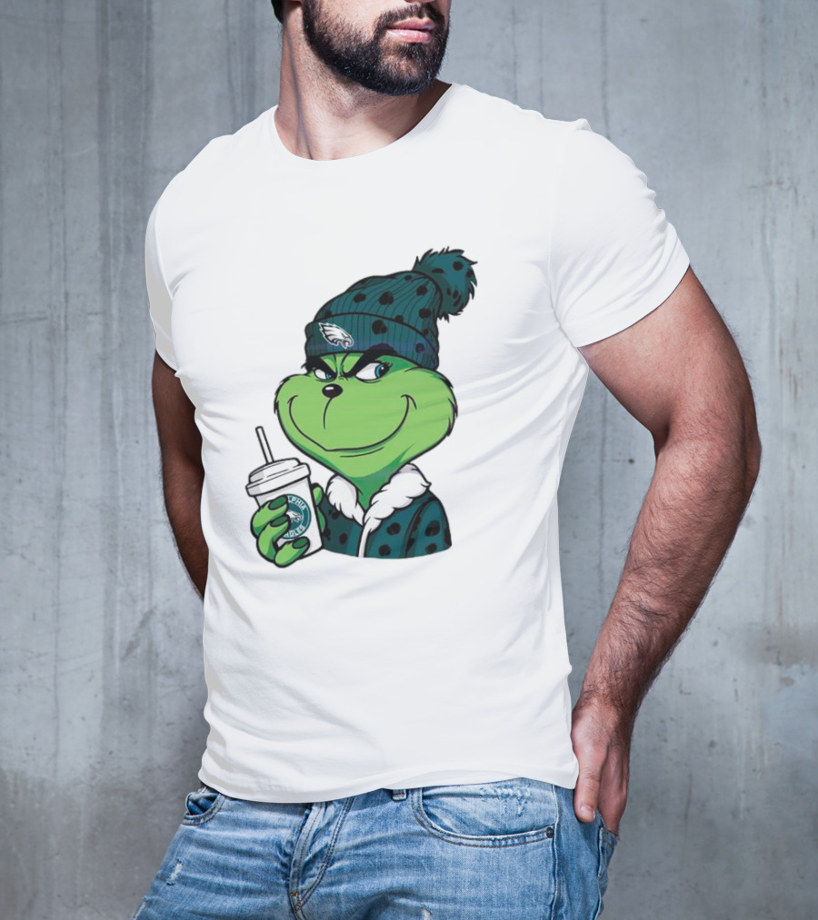 Grinch Holding Cup Wearing Philadelphia Eagles Beanie T-Shirt