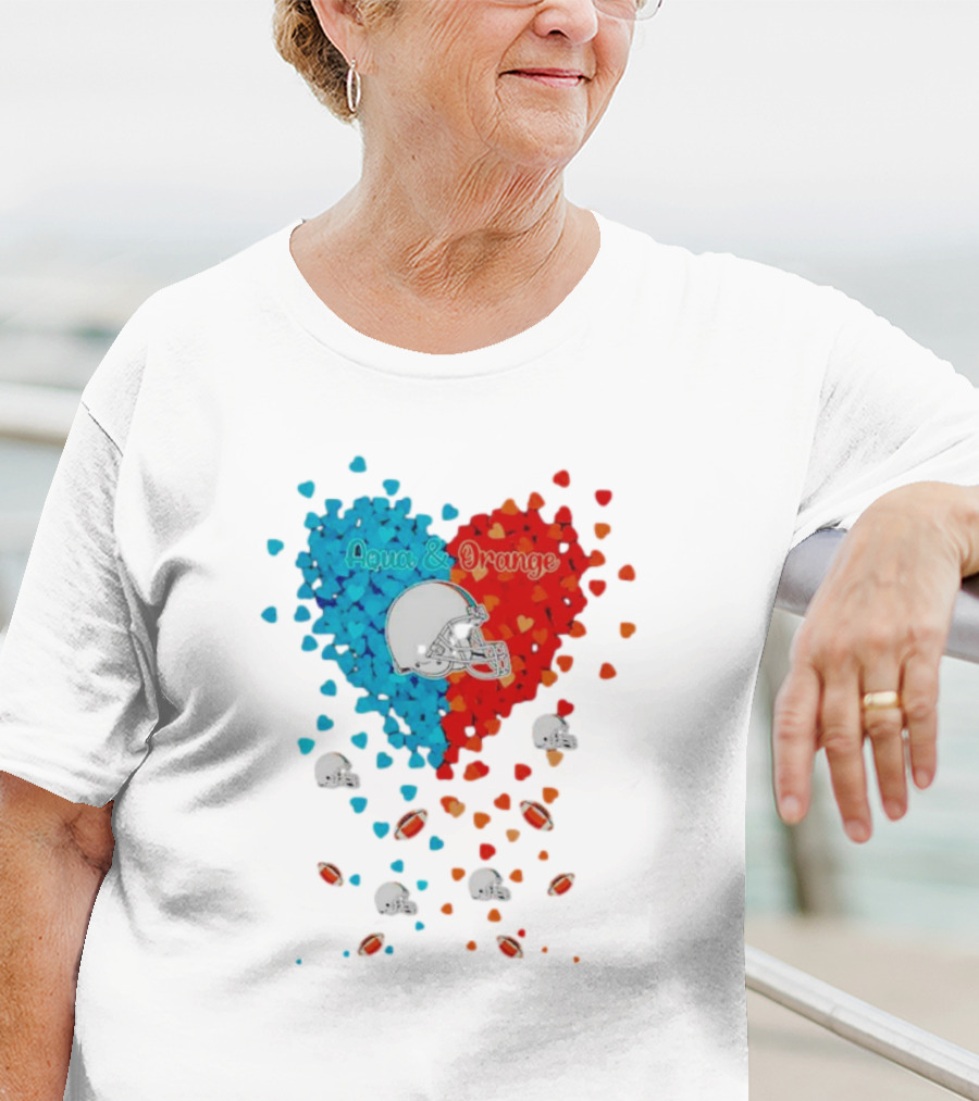 Miami Dolphins Aqua And Orange Heart With Football Helmets And Hearts T-Shirt