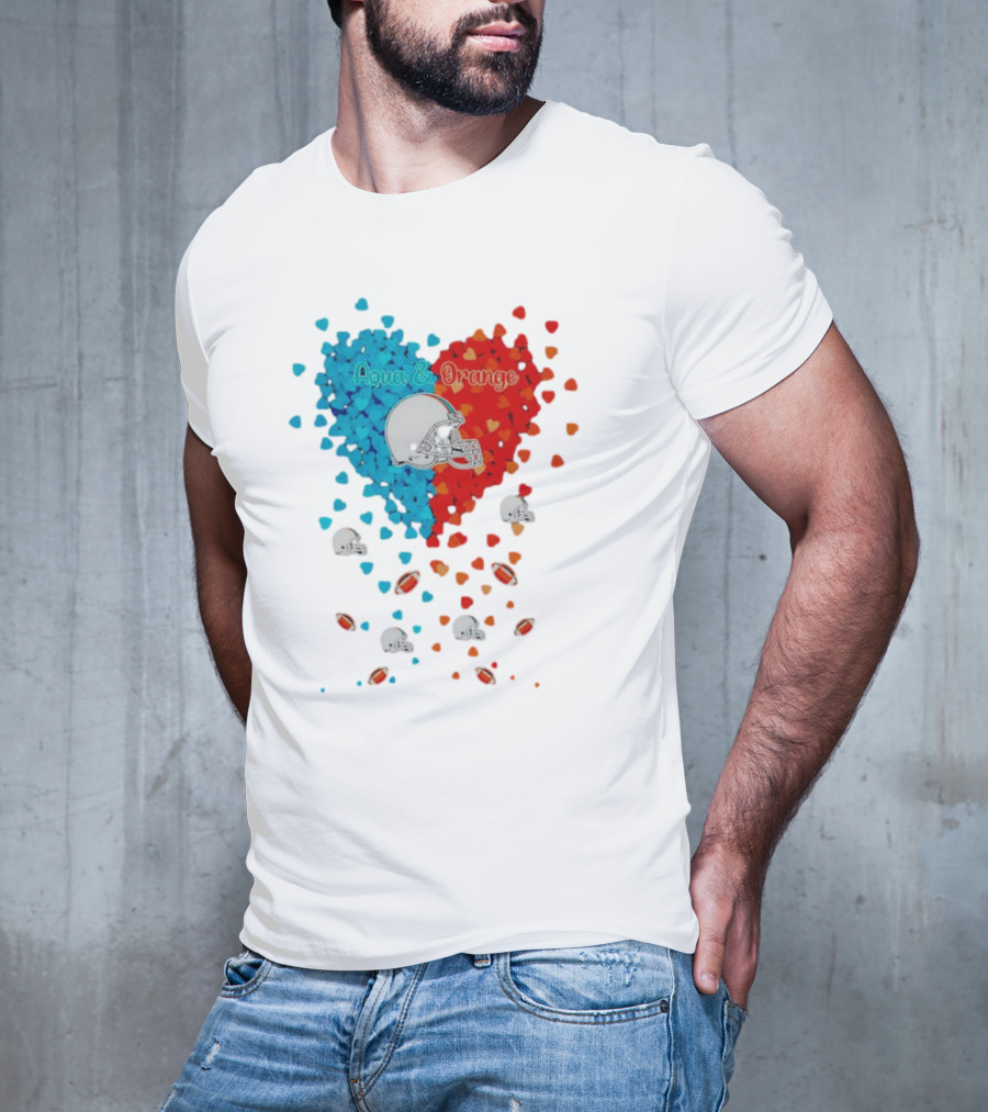 Miami Dolphins Aqua And Orange Heart With Football Helmets And Hearts T-Shirt