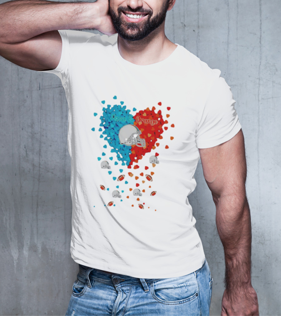 Miami Dolphins Aqua And Orange Heart With Football Helmets And Hearts T-Shirt