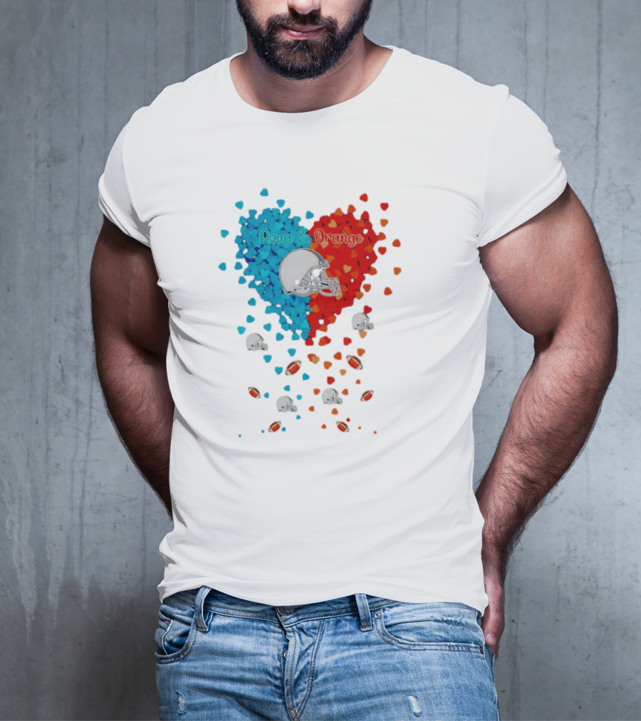 Miami Dolphins Aqua And Orange Heart With Football Helmets And Hearts T-Shirt