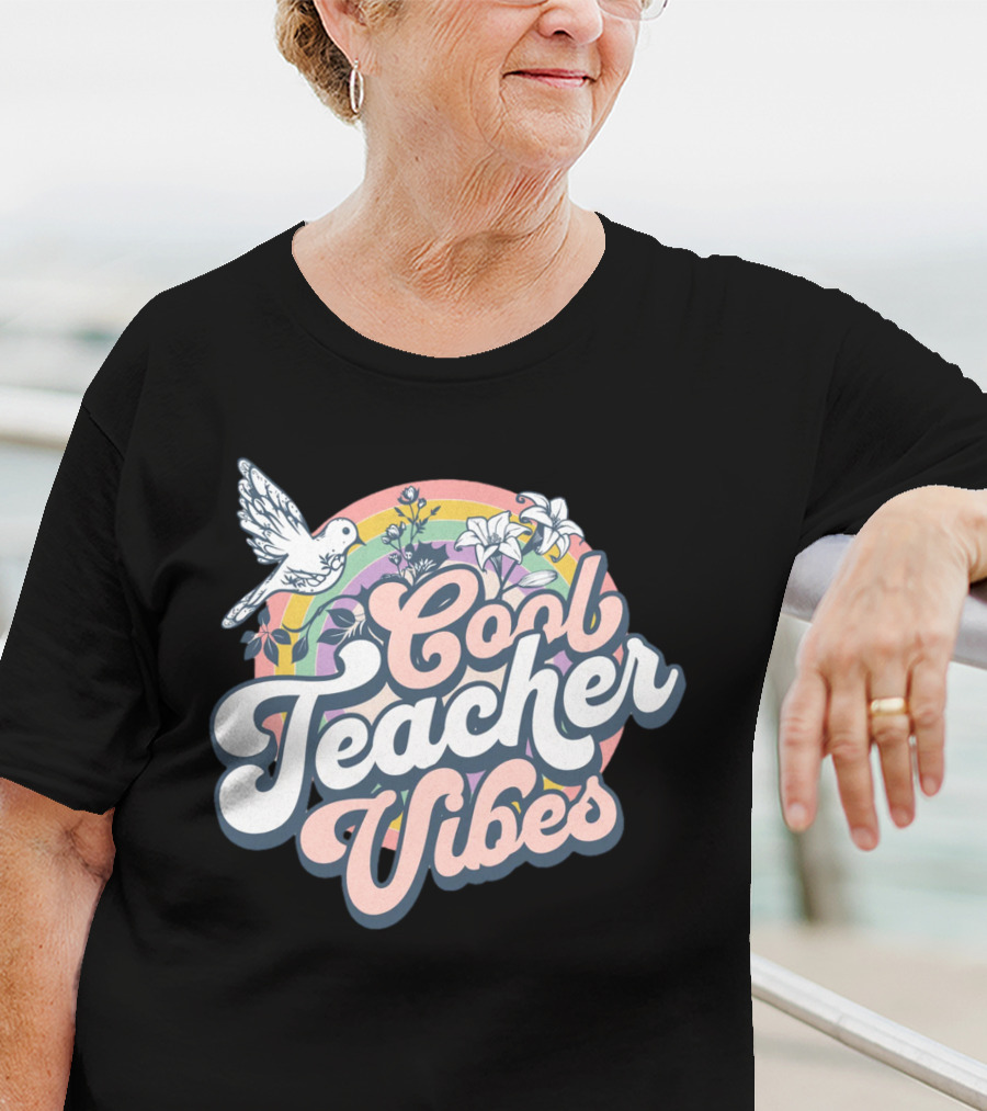 Cool Teacher Vibes Retro Rainbow Floral Design With Dove T-Shirt
