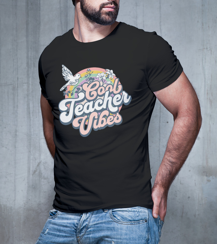 Cool Teacher Vibes Retro Rainbow Floral Design With Dove T-Shirt