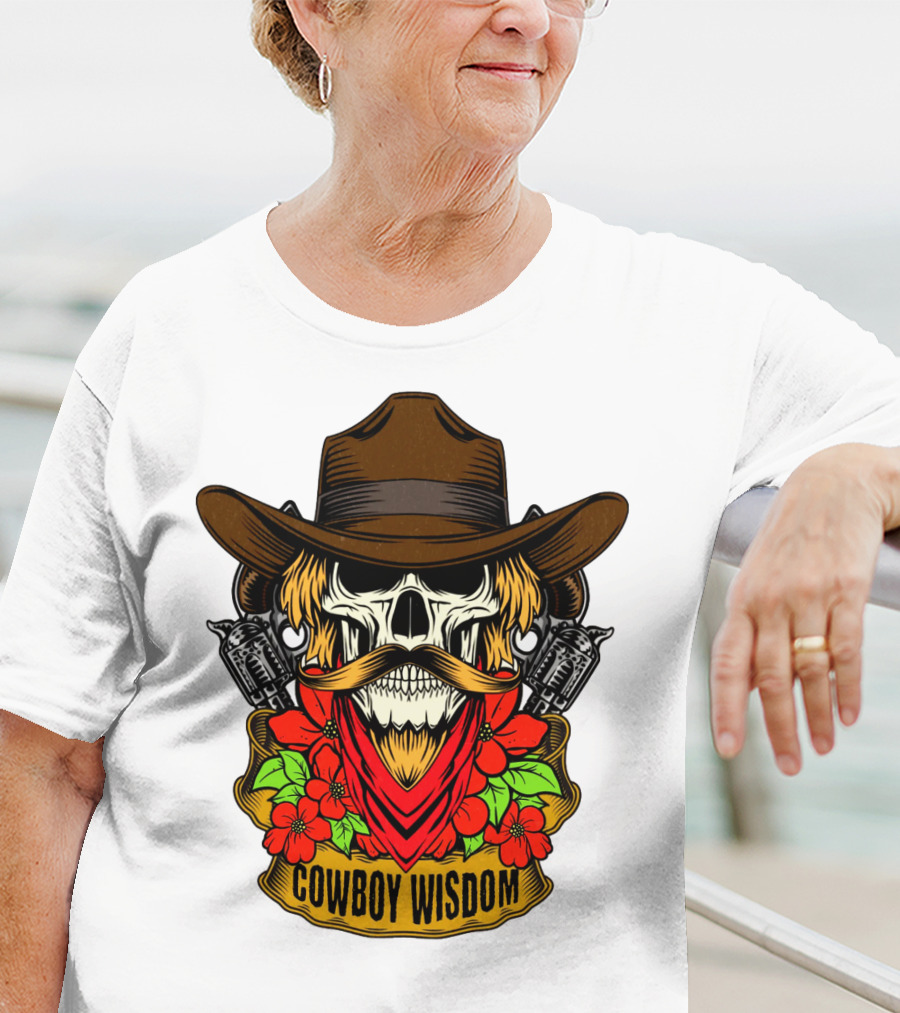 Cowboy Wisdom Skull Western Skeleton Bandana Pistols Flowers T-Shirt