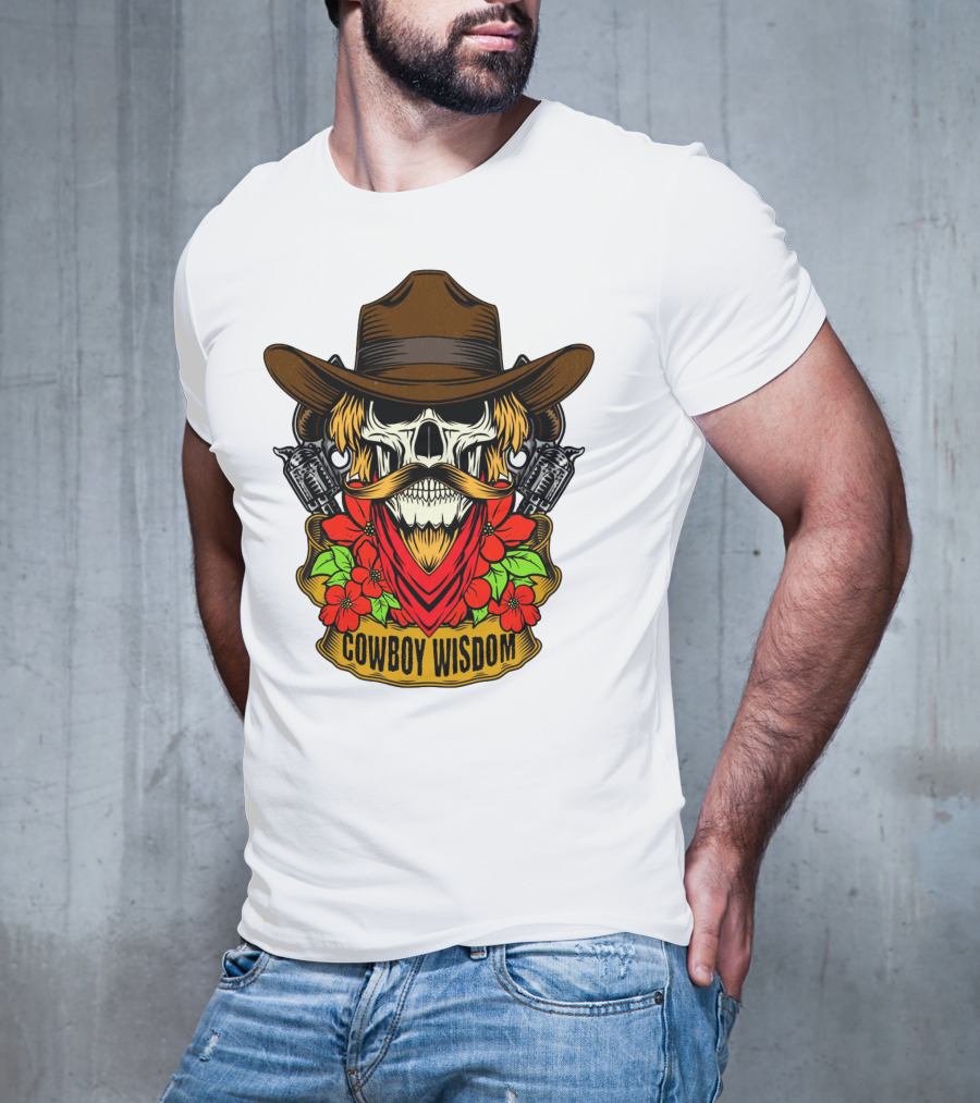 Cowboy Wisdom Skull Western Skeleton Bandana Pistols Flowers T-Shirt