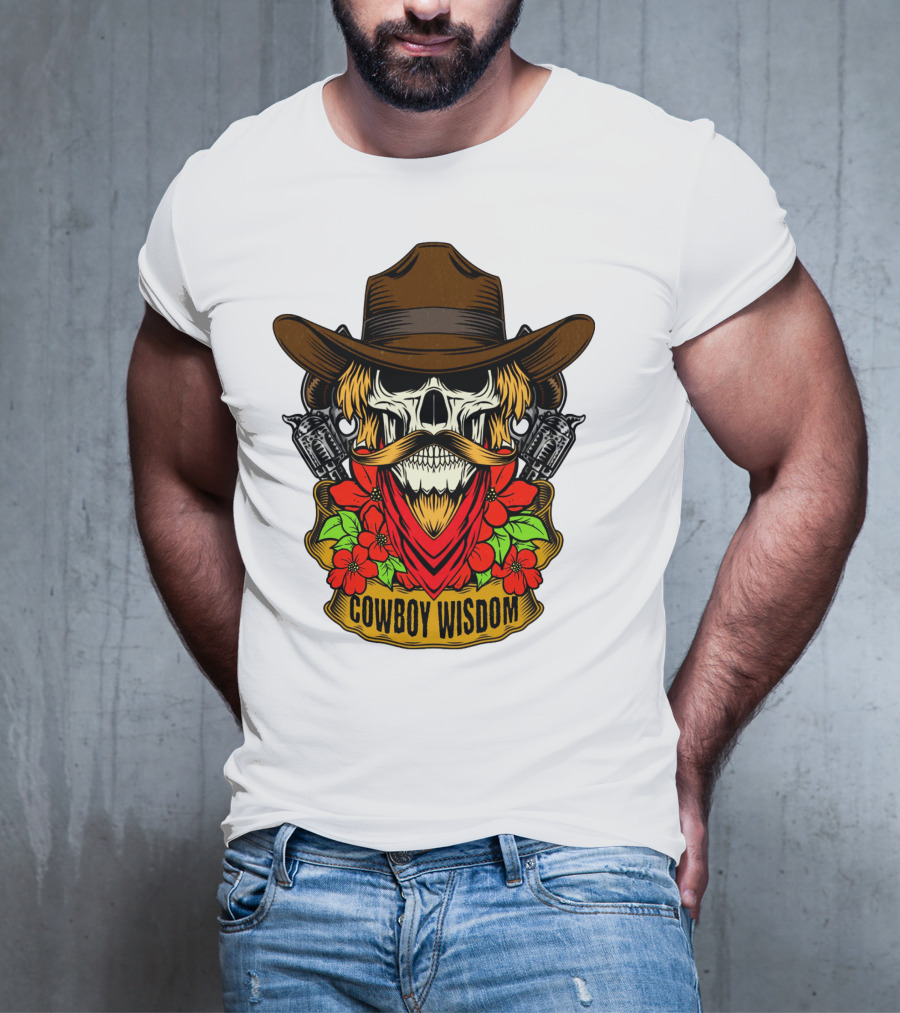 Cowboy Wisdom Skull Western Skeleton Bandana Pistols Flowers T-Shirt